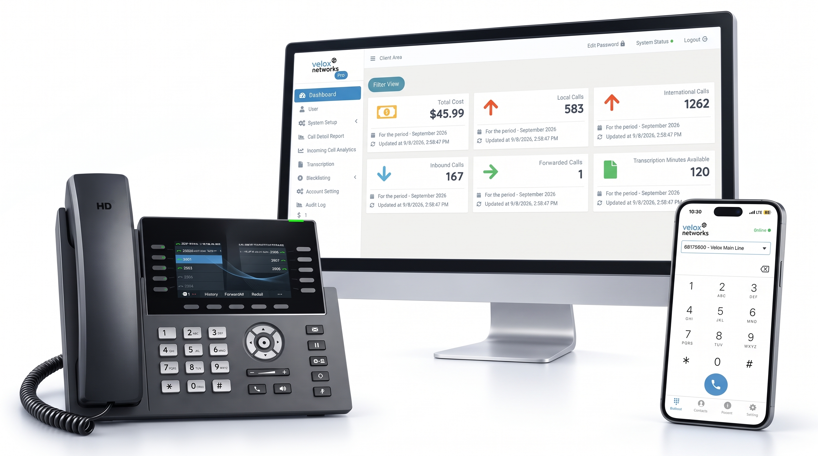 Velox business phone system: certified IP desk phone, client dashboard and mobile app