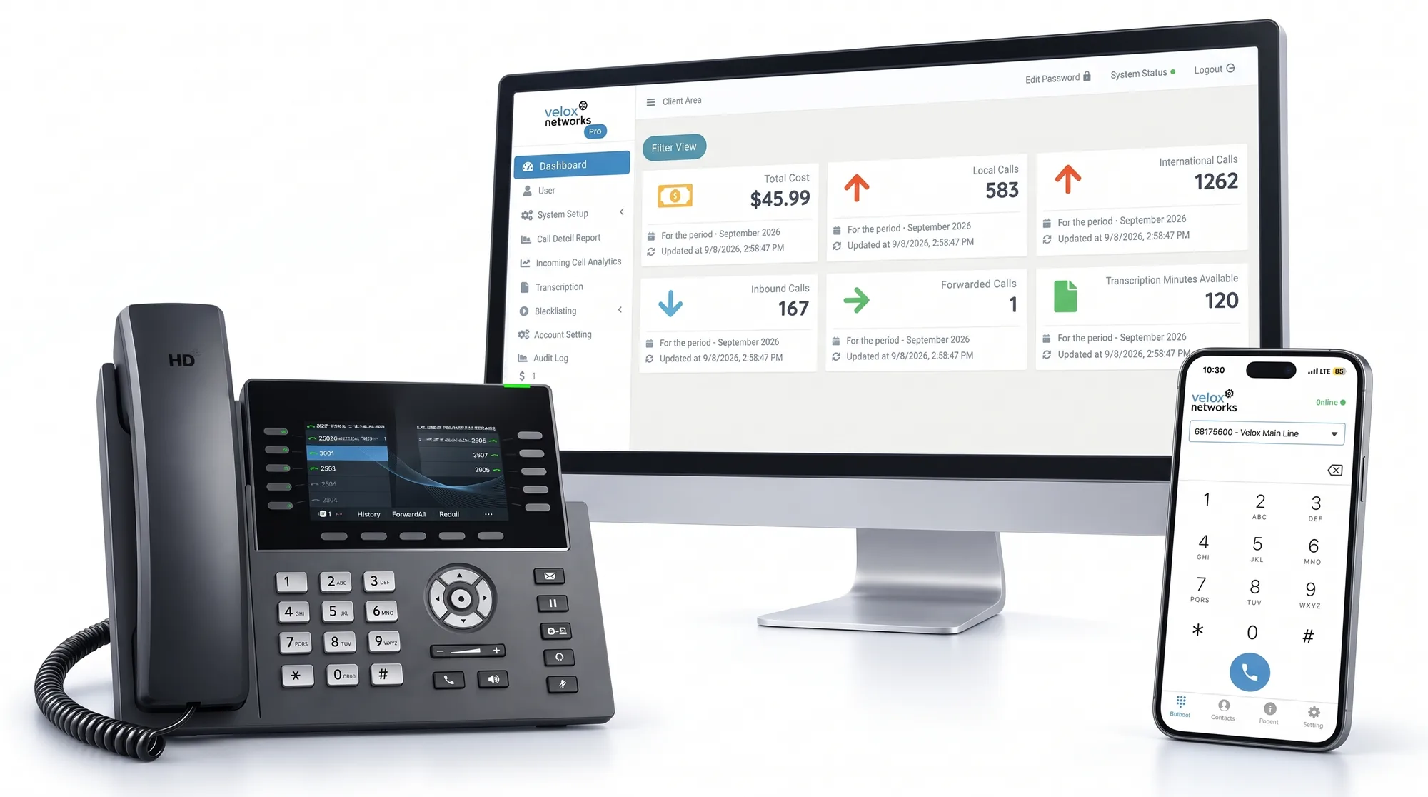 Velox business phone system: certified IP desk phone, client dashboard and mobile app